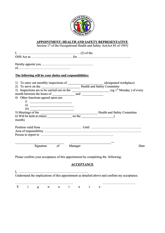 Appointment: Health And Safety Representative Form