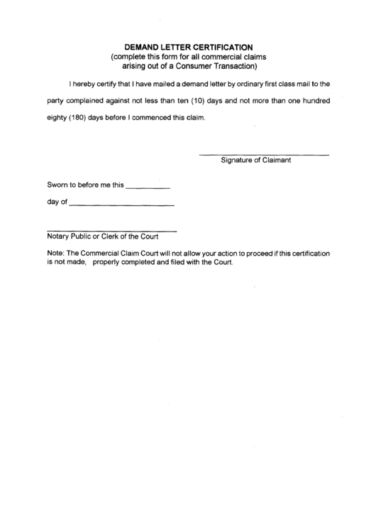 Demand Letter Certification printable pdf download