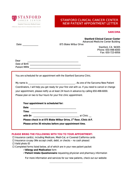 Fillable New Patient Appointment Letter Printable pdf