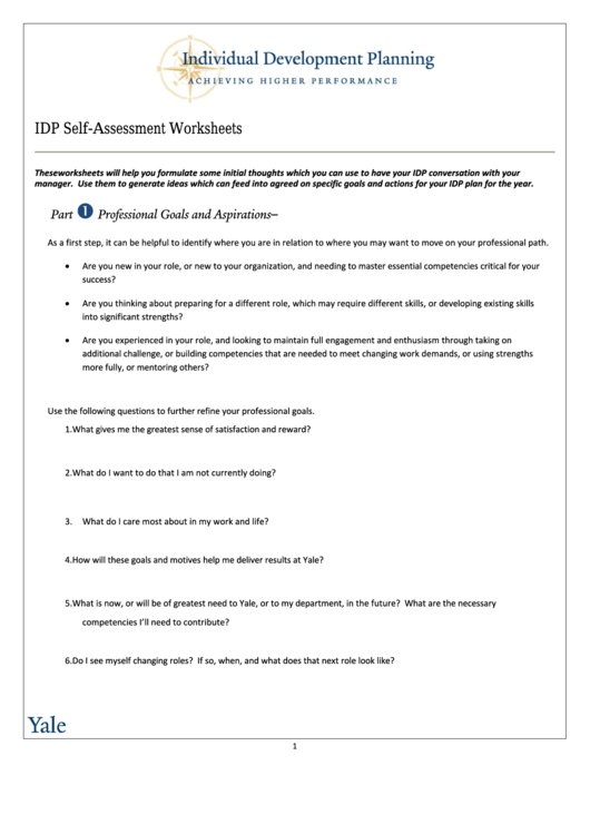 Idp SelfAssessment Worksheets printable pdf download