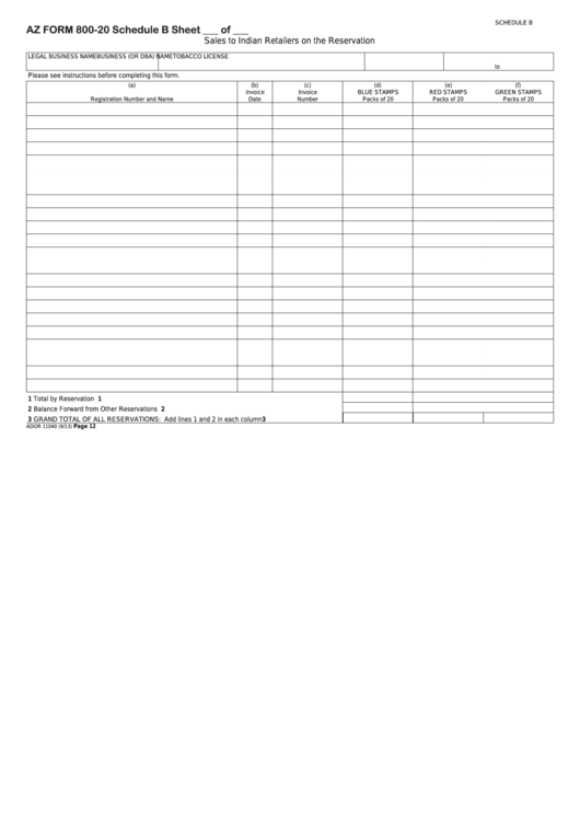 Fillable Az Form 800-20 - Schedule B - Sales To Indian Retailers On The Reservation Printable pdf