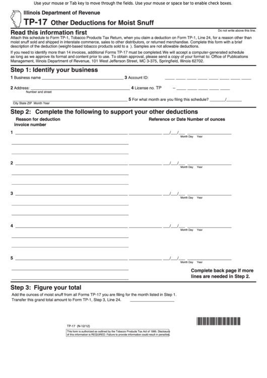 Fillable Form Tp-17 - Other Deductions For Moist Snuff Printable pdf