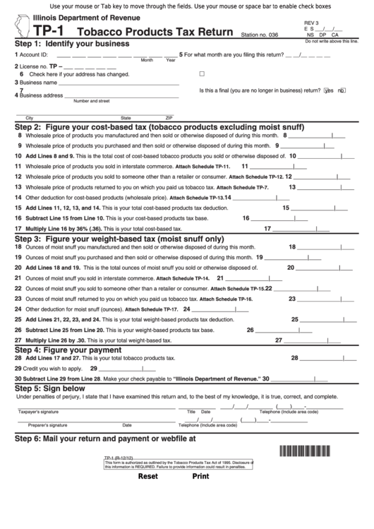 Fillable Form Tp-1 - Tobacco Products Tax Return Printable pdf