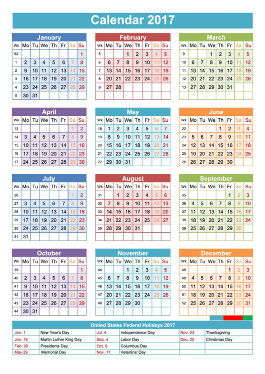 2017 Calendar Template Printable pdf