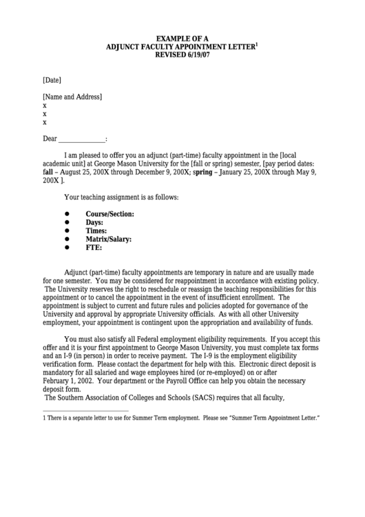 Example Of A Adjunct Faculty Appointment Letter Printable pdf