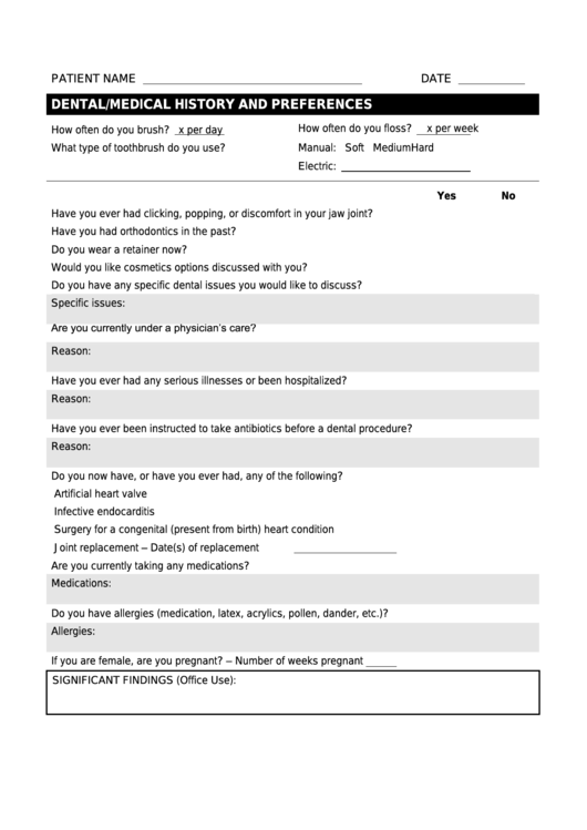 Fillable Dental/medical History And Preferences Form Printable pdf