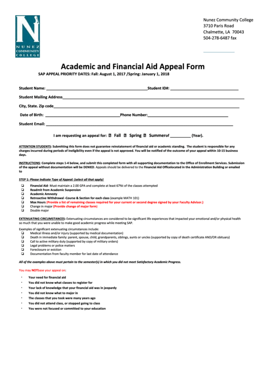 Academic And Financial Aid Appeal Form Printable pdf