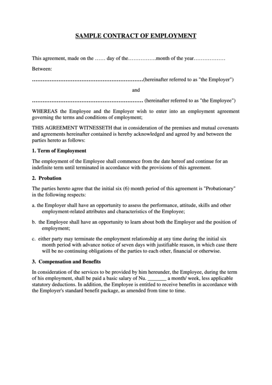 Sample Contract Of Employment Template Printable pdf