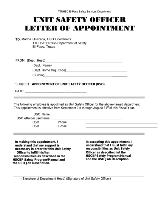 Unit Safety Officer Letter Of Appointment Printable pdf