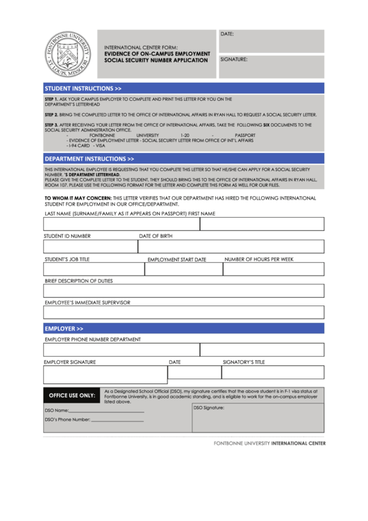 Fillable Evidence Of On-Campus Employment Social Security Number Application Printable pdf
