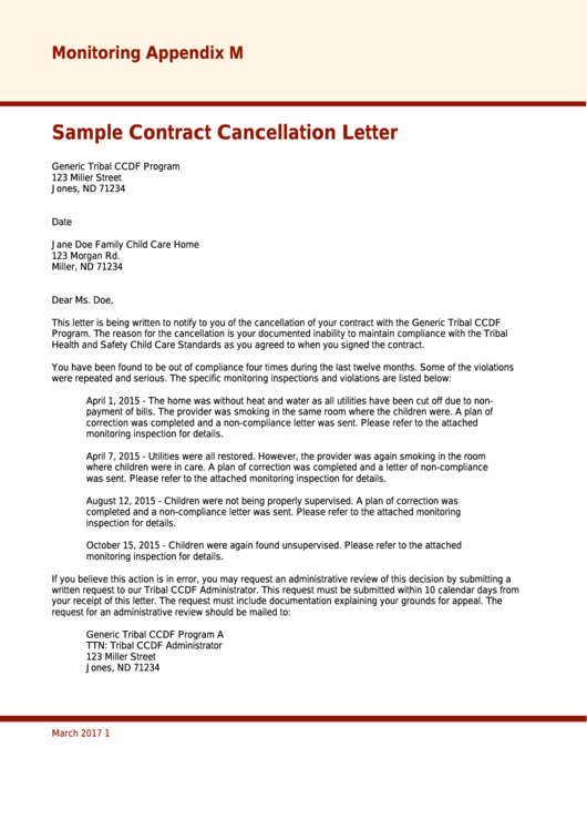 Sample Contract Cancellation Letter Printable pdf