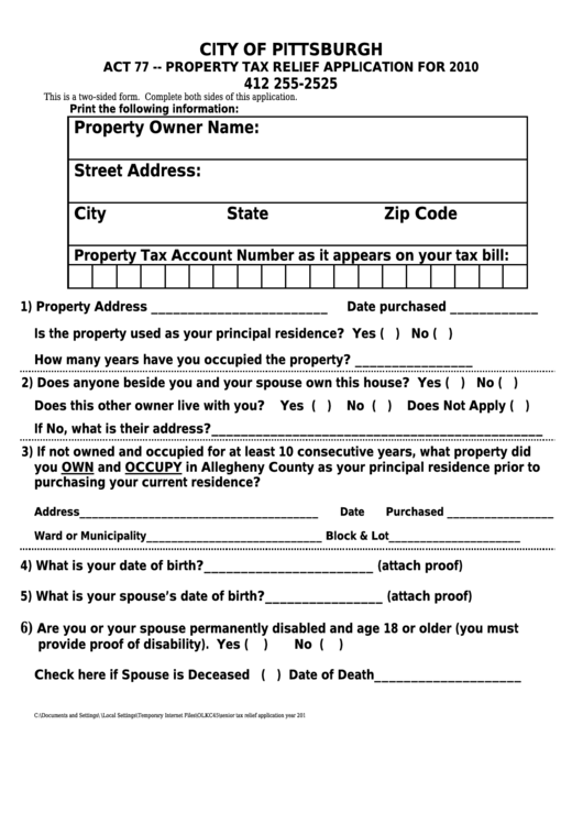 Property Tax Relief Application Form - City Of Pittsburgh - 2010 Printable pdf
