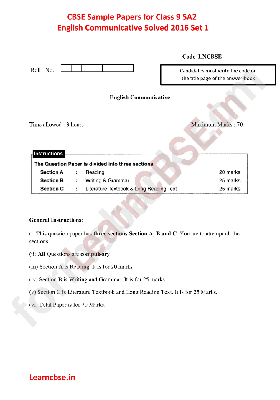 Cbse English Communicative Solved Exam Template