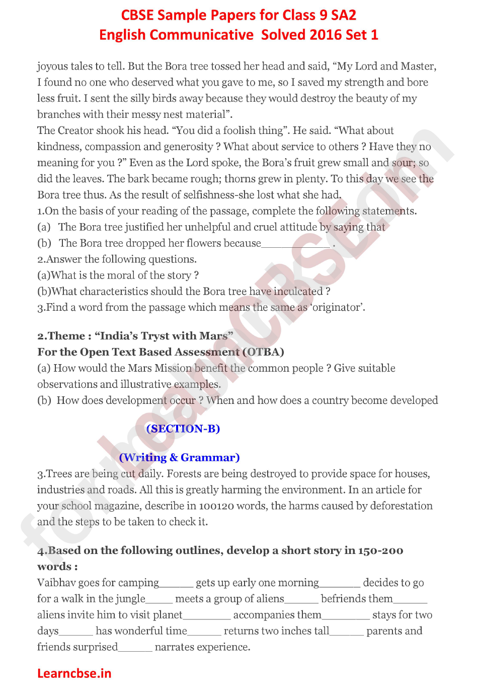 Cbse English Communicative Solved Exam Template