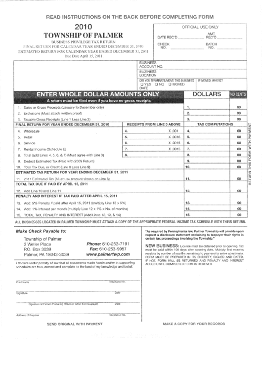 Business Privilege Tax Return - Township Of Palmer - 2010 Printable pdf