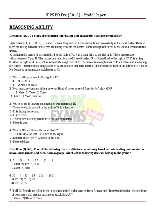 Ibps Po Pre Exam Template With Answers Printable pdf