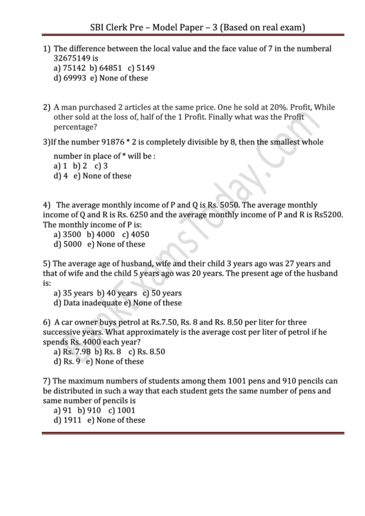 Sbi Clerk Pre Exam Template With Answers Printable pdf