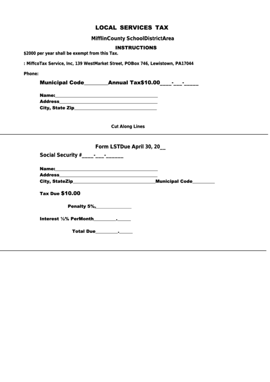 Local Services Tax Form - Mifflin County School District Area Printable pdf