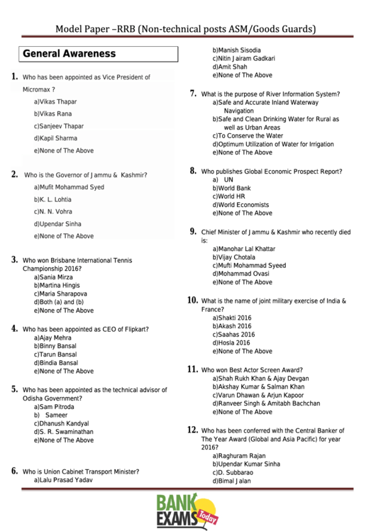 Model Paper - Rrb (non-technical Posts Asm/goods Guards) Worksheet With Answers