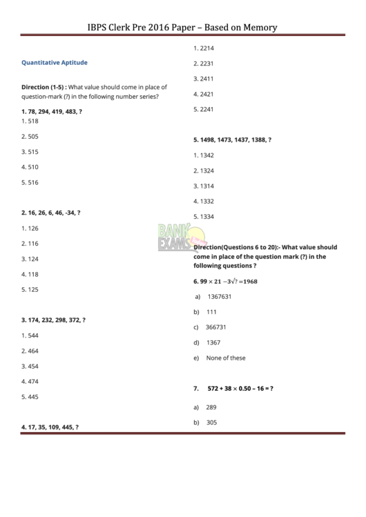 Ibps Clerk Based On Memory Exam Template With Answers
