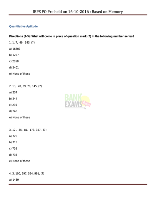 Ibps Po Based On Memory Exam Template With Answers Printable pdf
