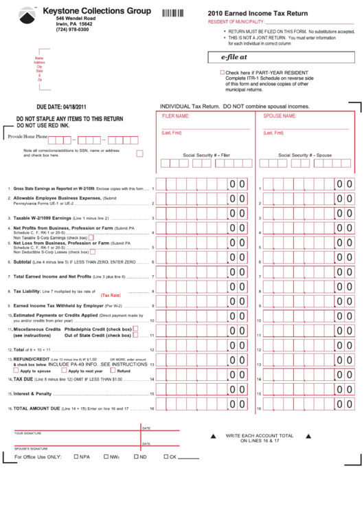 Fillable Earned Income Tax Return Form - 2010 Printable pdf