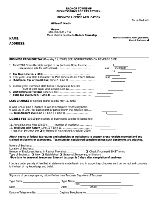 Business Privilege Tax Return And Business License Application Form - Randor Township Printable pdf