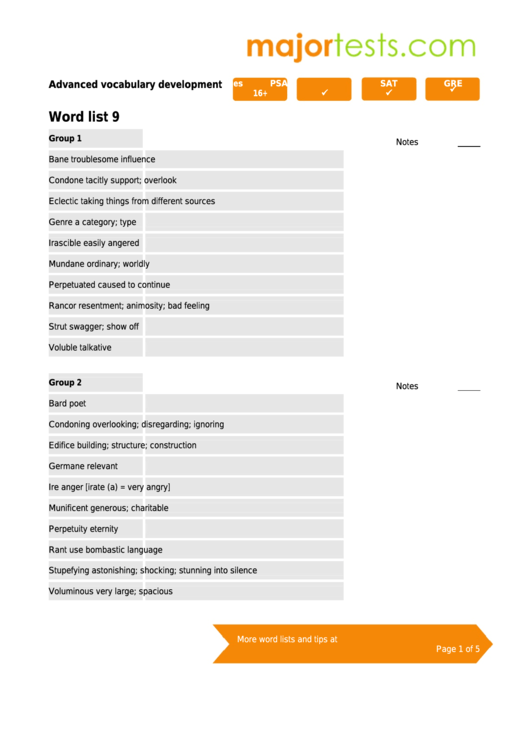Vocabulary For Standardized Tests Word List 9 Template Printable pdf