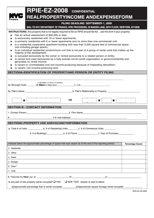 Form Rpie-Ez - Real Property Income And Expense Form - 2008 Printable pdf
