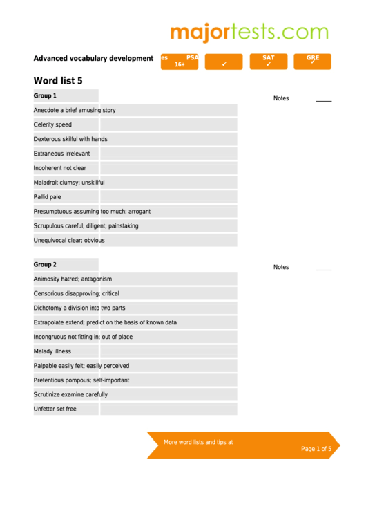 Vocabulary For Standardized Tests Word List 5 Template Printable pdf