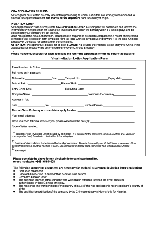 Visa Application Form To China Printable Pdf Download