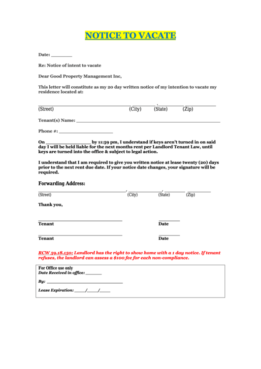 Notice To Vacate Form Printable pdf