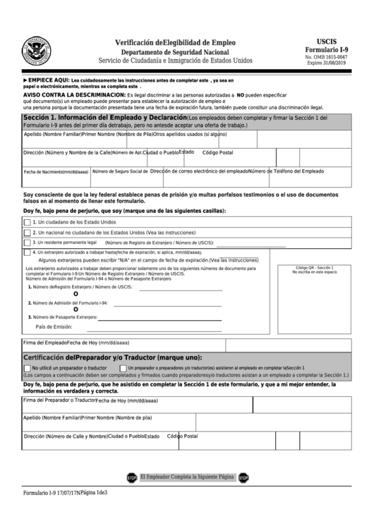 Formulario I-9 - Verificacion De Elegibilidad De Empleo Printable pdf