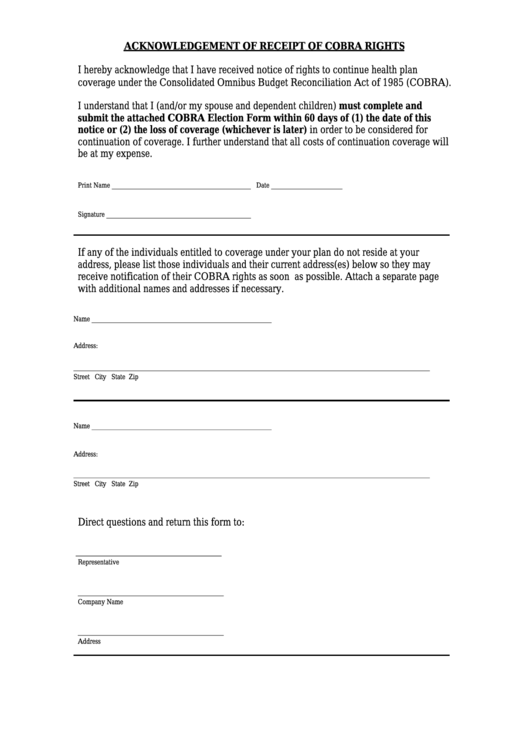 Fillable Acknowledgement Of Receipt Of Cobra Rights Form Printable pdf
