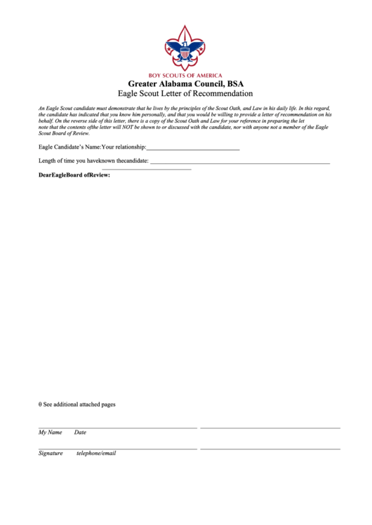 Fillable Eagle Scout Letter Of Recommendation Printable pdf