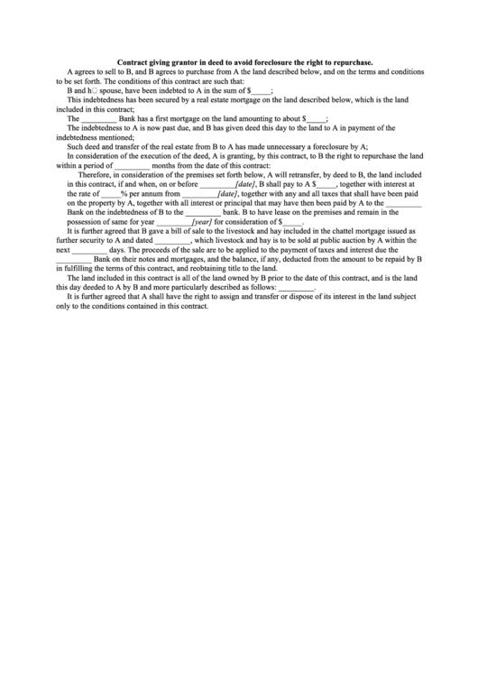 Contract Giving Grantor In Deed To Avoid Foreclosure The Right To Repurchase Printable pdf