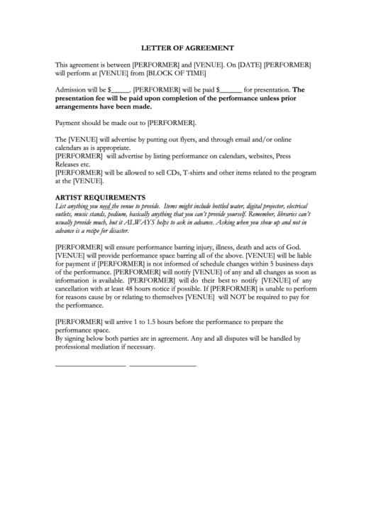 Letter Of Agreement Between Performer And Venue Printable pdf