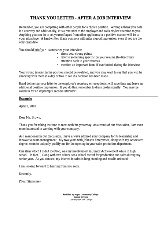 Thank You Letter After A Job Interview Printable pdf