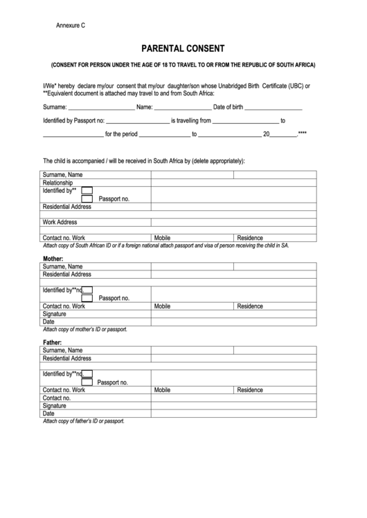 Parental Consent Form For Travel Printable pdf