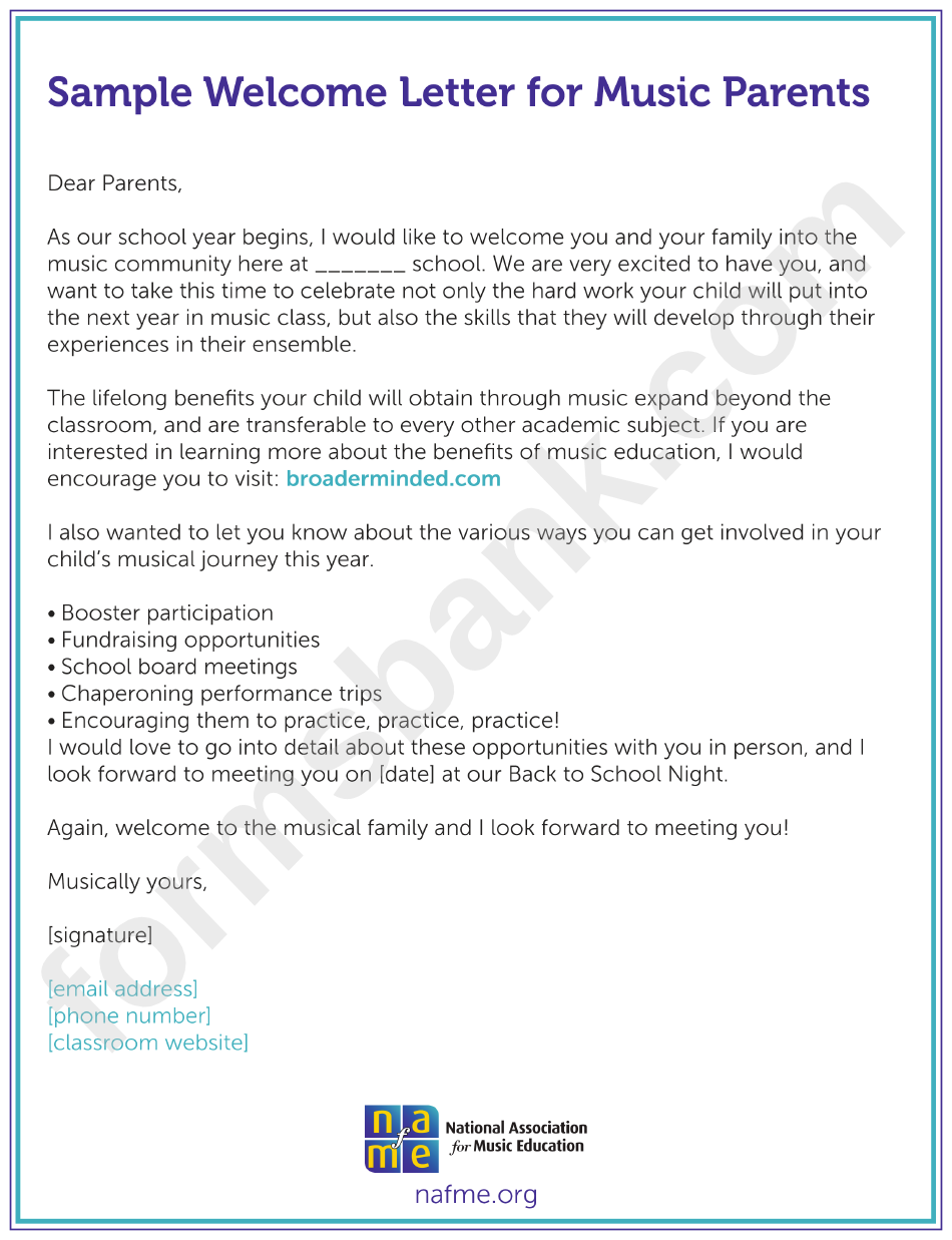 Sample Welcome Letter For Music Parents