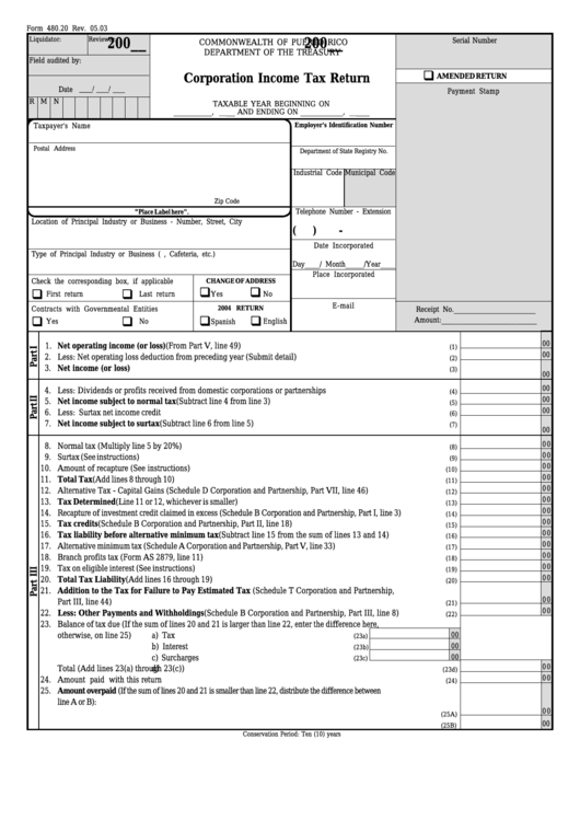 Form 480.20 - Corporation Income Tax Return Printable pdf