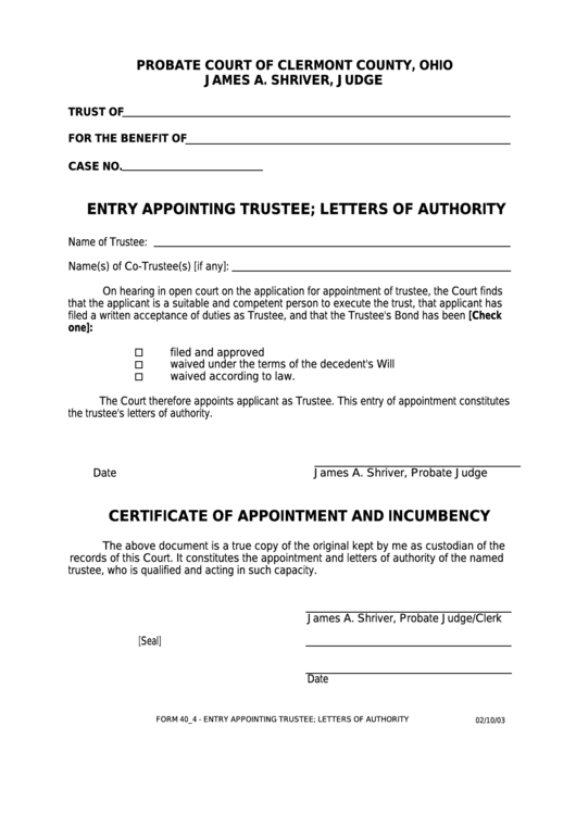 Fillable Form 40_4 - Entry Appointing Trustee; Letters Of Authority Printable pdf
