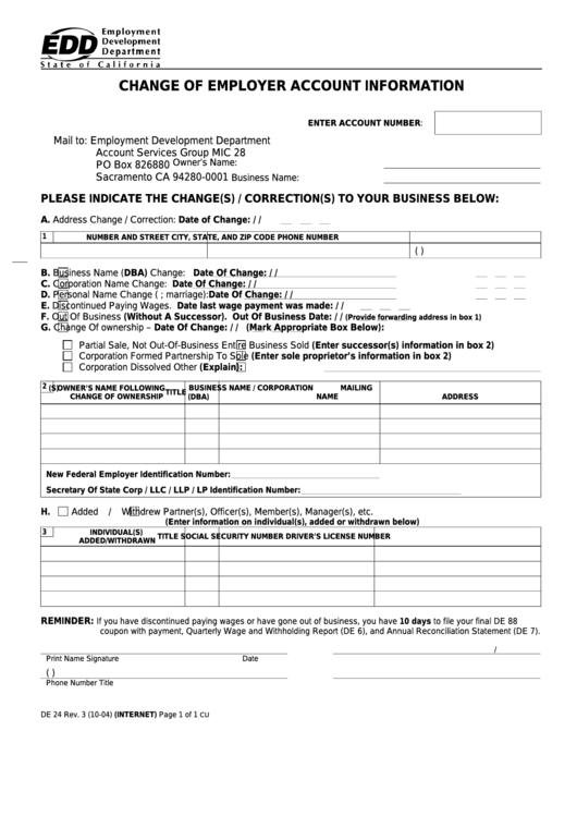 Fillable Form De 24 - Change Of Employer Account Information Printable pdf