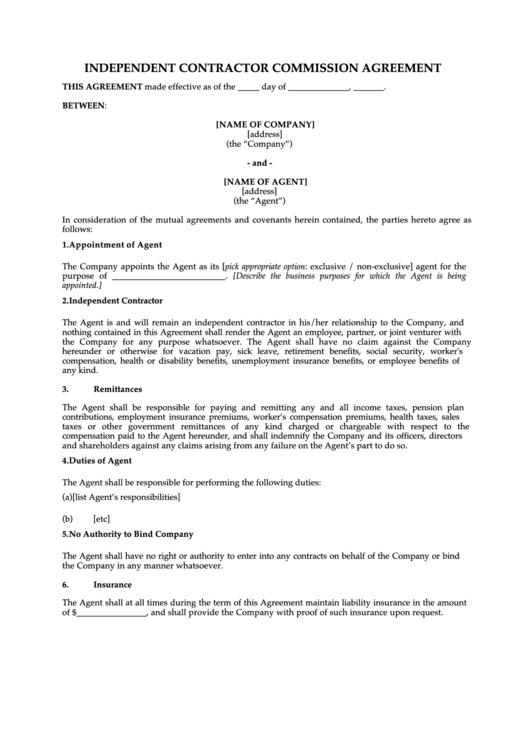 Independent Contractor Commission Agreement Printable pdf