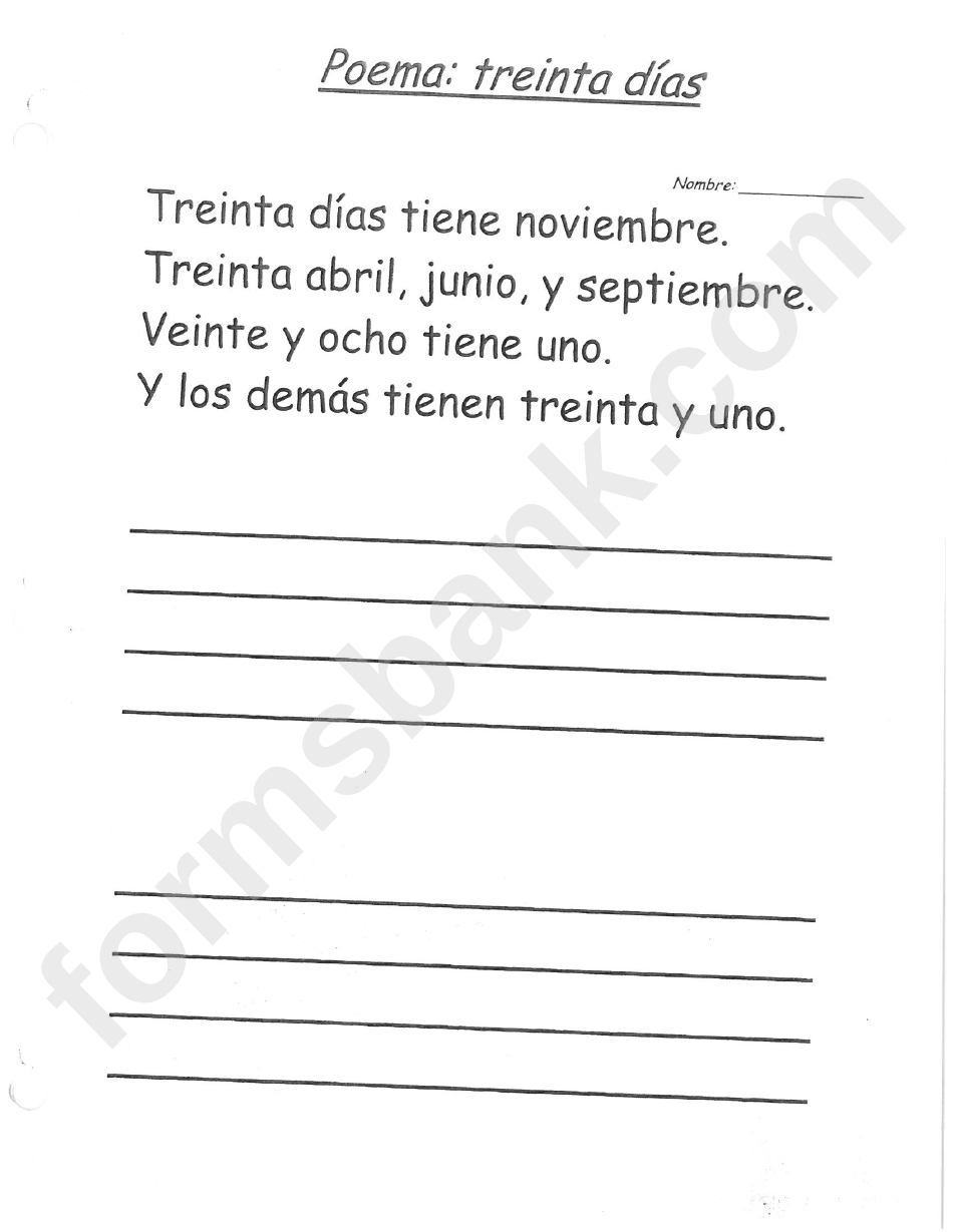 Treinta Dias Poema Spanish Worksheet Template