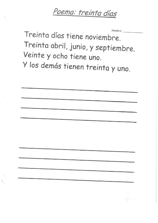 Treinta Dias Poema Spanish Worksheet Template Printable pdf