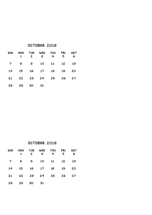 October 2018 Calendar Template