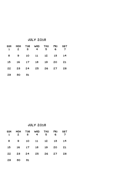 July 2018 Calendar Template