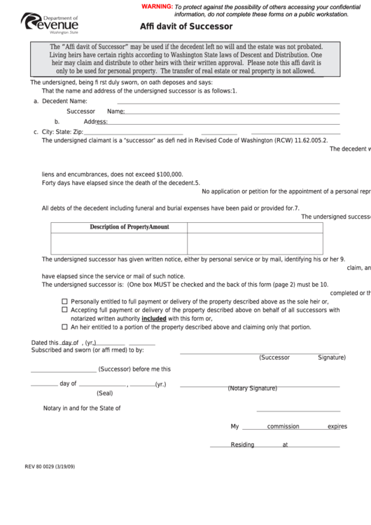 Fillable Form Rev 80 0029 - Affidavit Of Successor Printable pdf