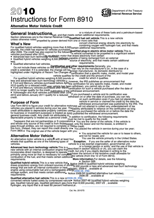 Instructions For Form 8910 - Alternative Motor Vehicle Credit - 2010 Printable pdf